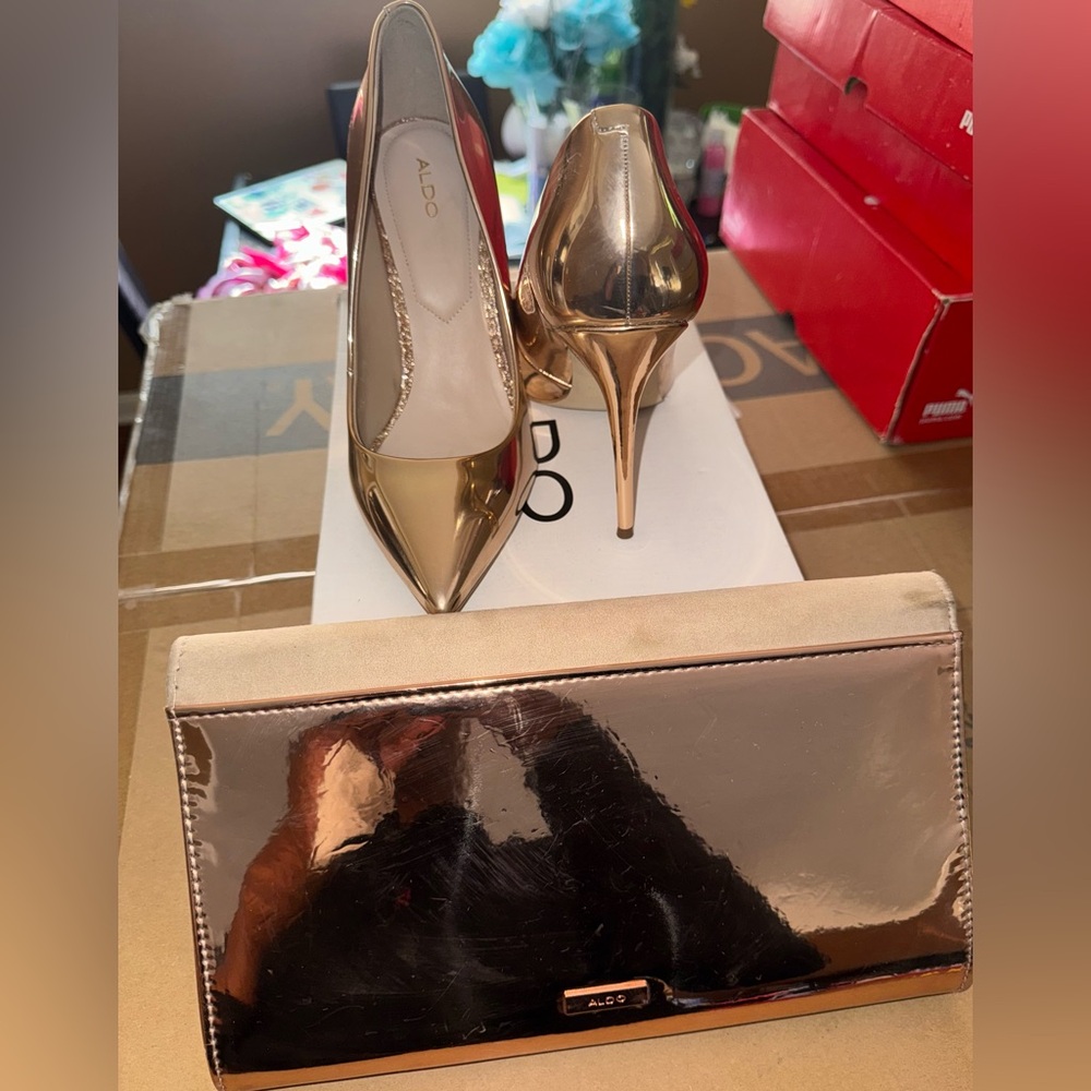 Aldo rose gold Metallic Gold Pumps and Clutch